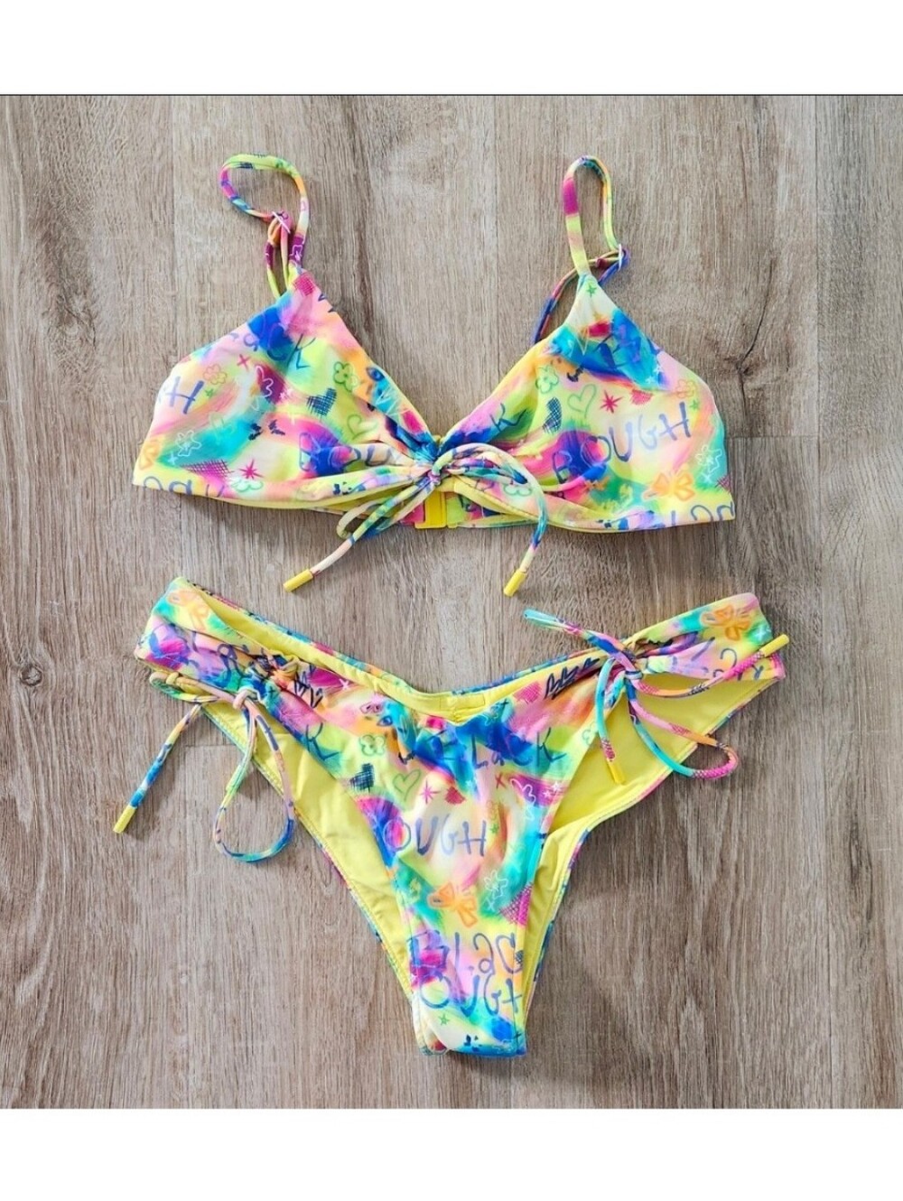 Blackbough Yellow Graffiti Print Bikini Sophia Top & Bottom Size Medium